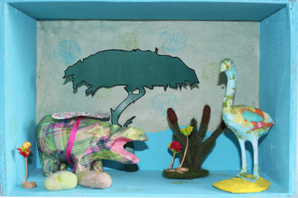 Scène 3D ou Diorama : rencontre hippopotame et flamant rose dans la savane