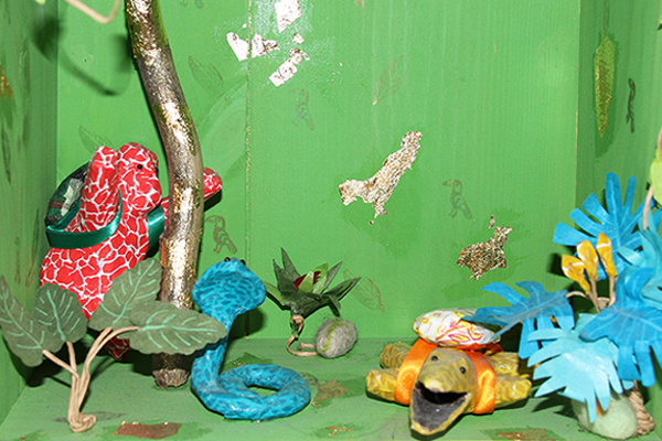 Scène 3D ou Diorama : rencontre entre gorille, cobra et crocodile dans la jungle