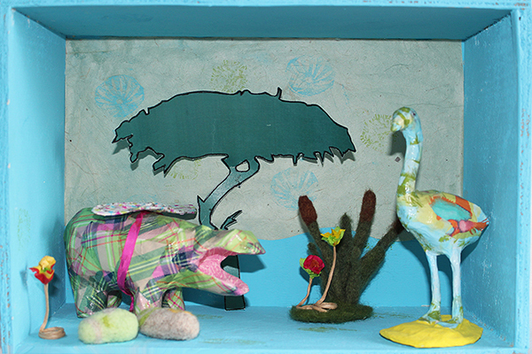 Scène 3D ou Diorama : rencontre entre hippopotame et flamant rose dans la savane