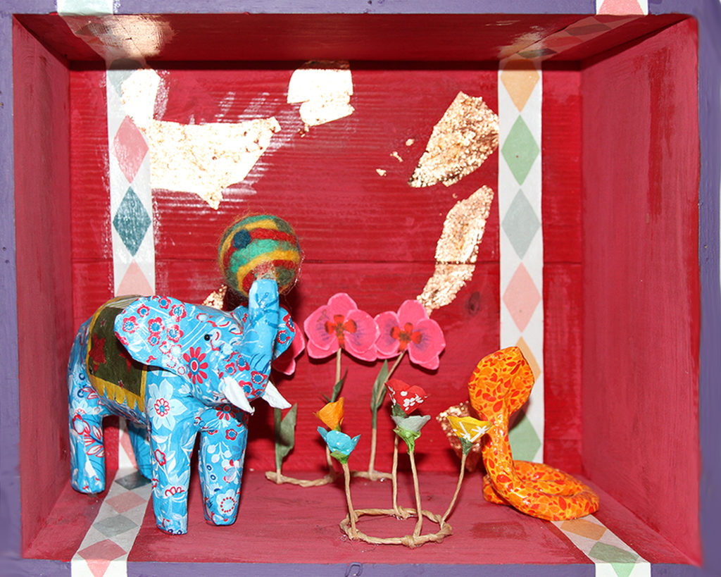 Scène 3D ou Diorama : discussion entre éléphant et cobra dans un cirque