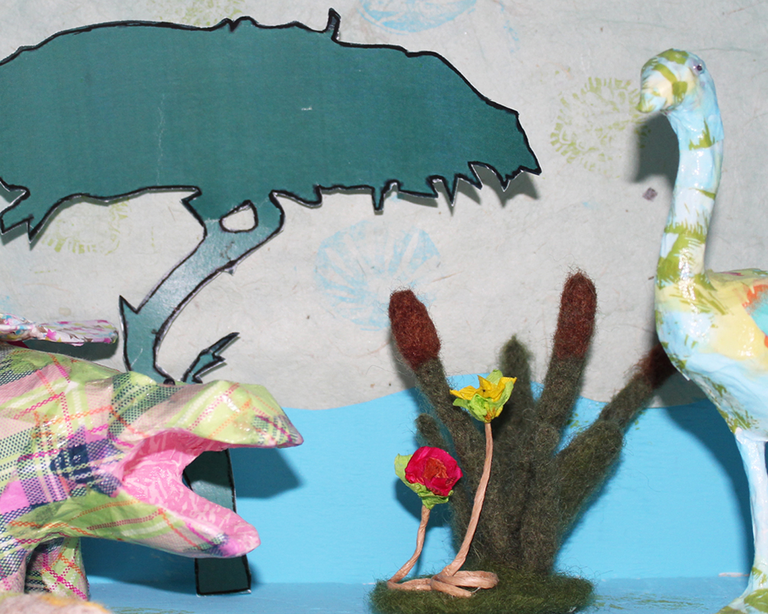 Création de tableau 3D, Scène avec hippopotame et flamant dans la savane